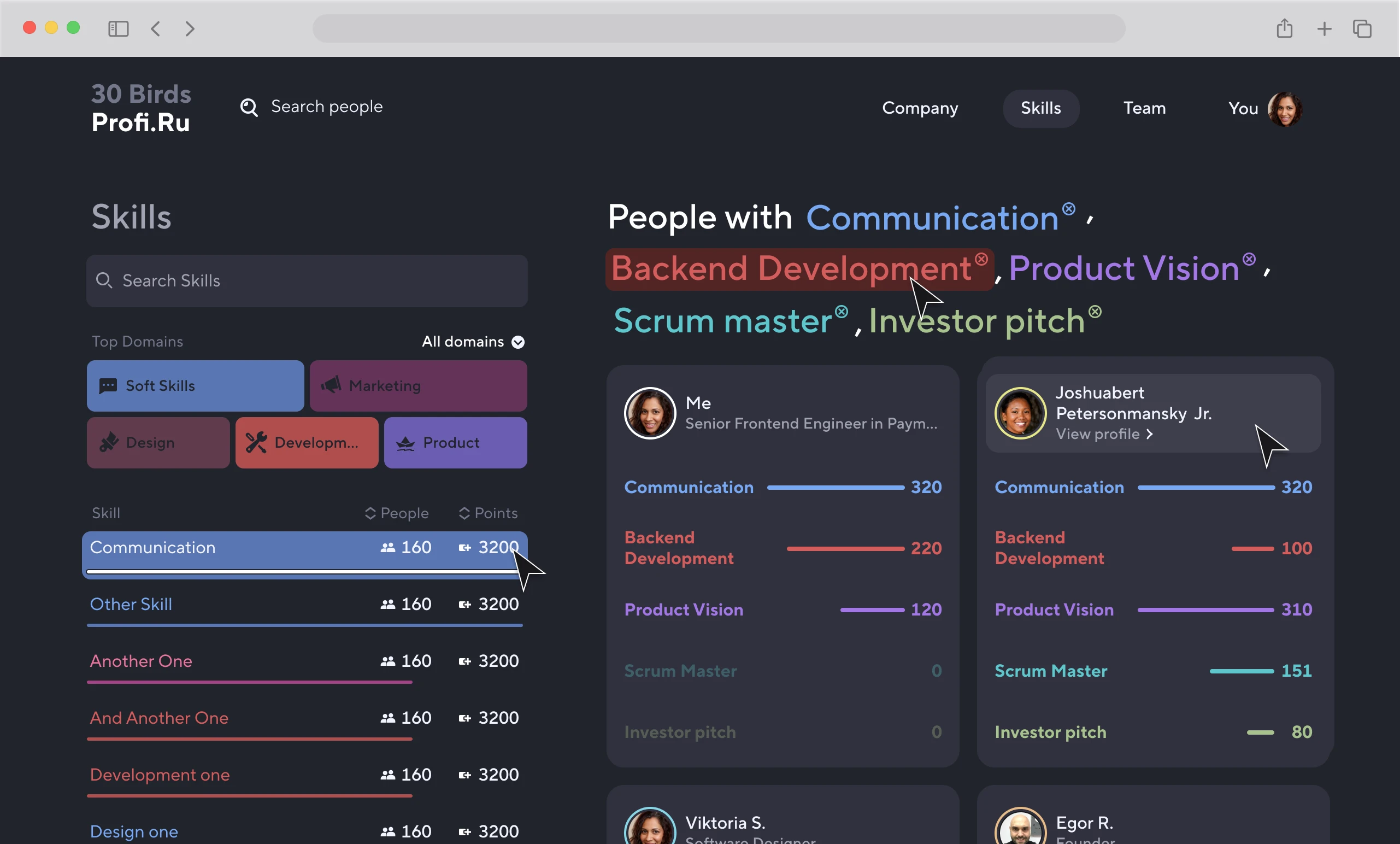 30 Birds skill search: combine skills to find and compare people