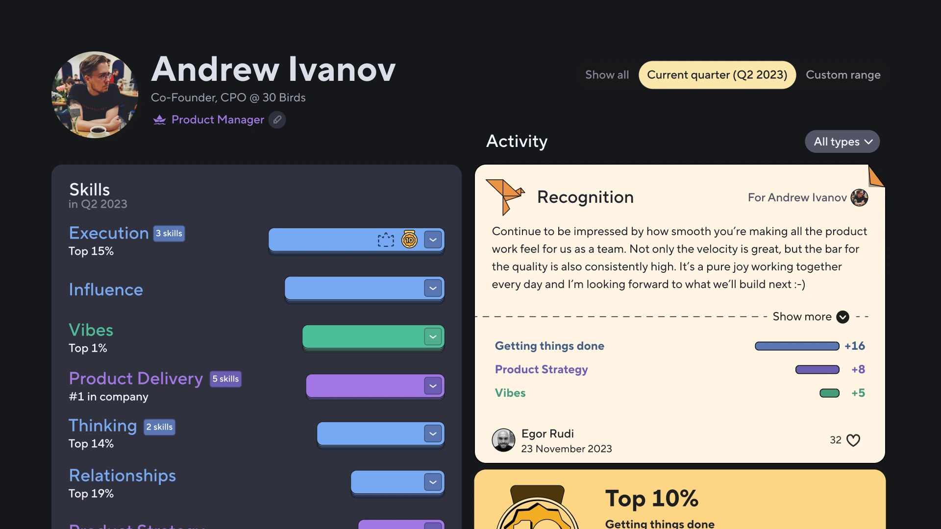 30 Birds employee profile with skill rankings and recognition messages