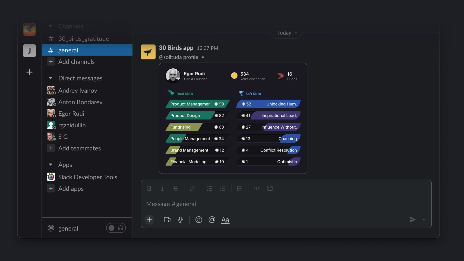 30 Birds MVP in Slack: a peer-built profile with hard and soft skills