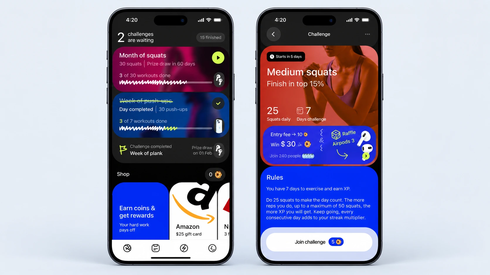 Agon challenge dashboard and fitness challenge details