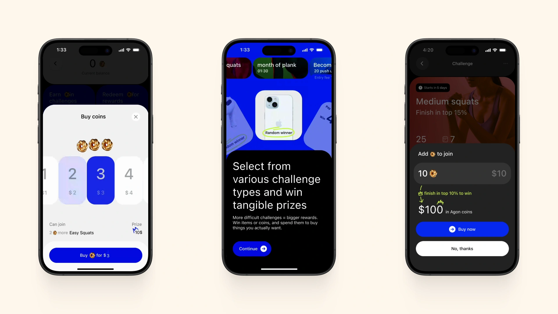 Agon: buying coins, choosing fitness challenges with tangible prizes, and joining a challenge to earn rewards