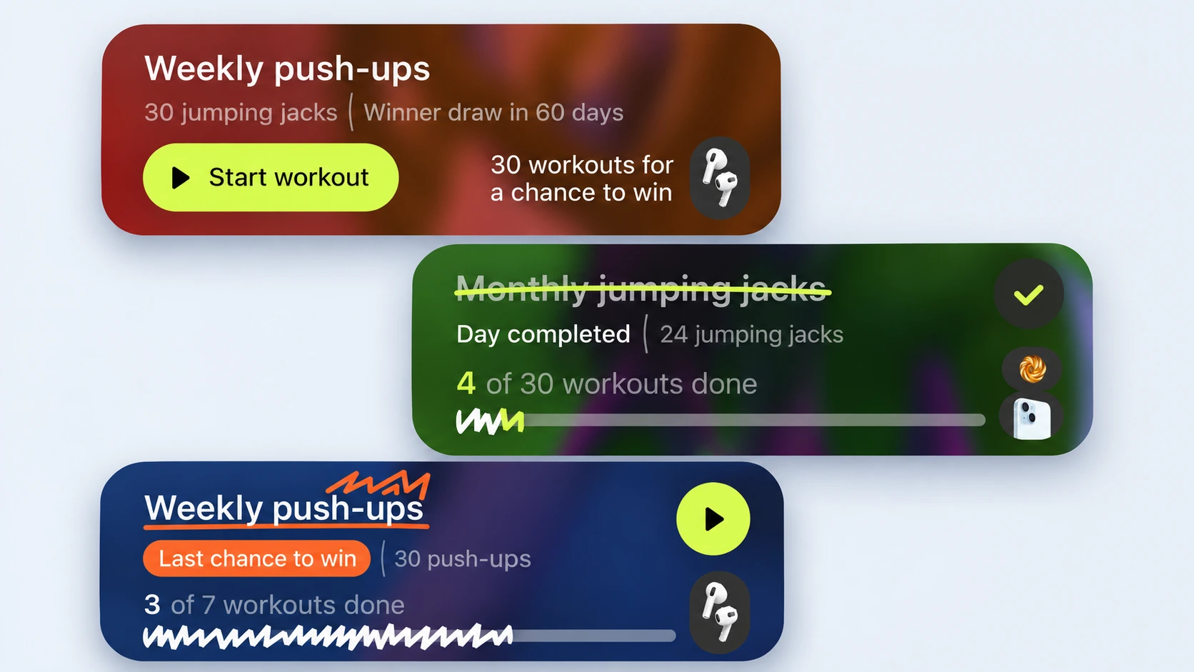 Agon workout cards: start, completion and final-day reward states