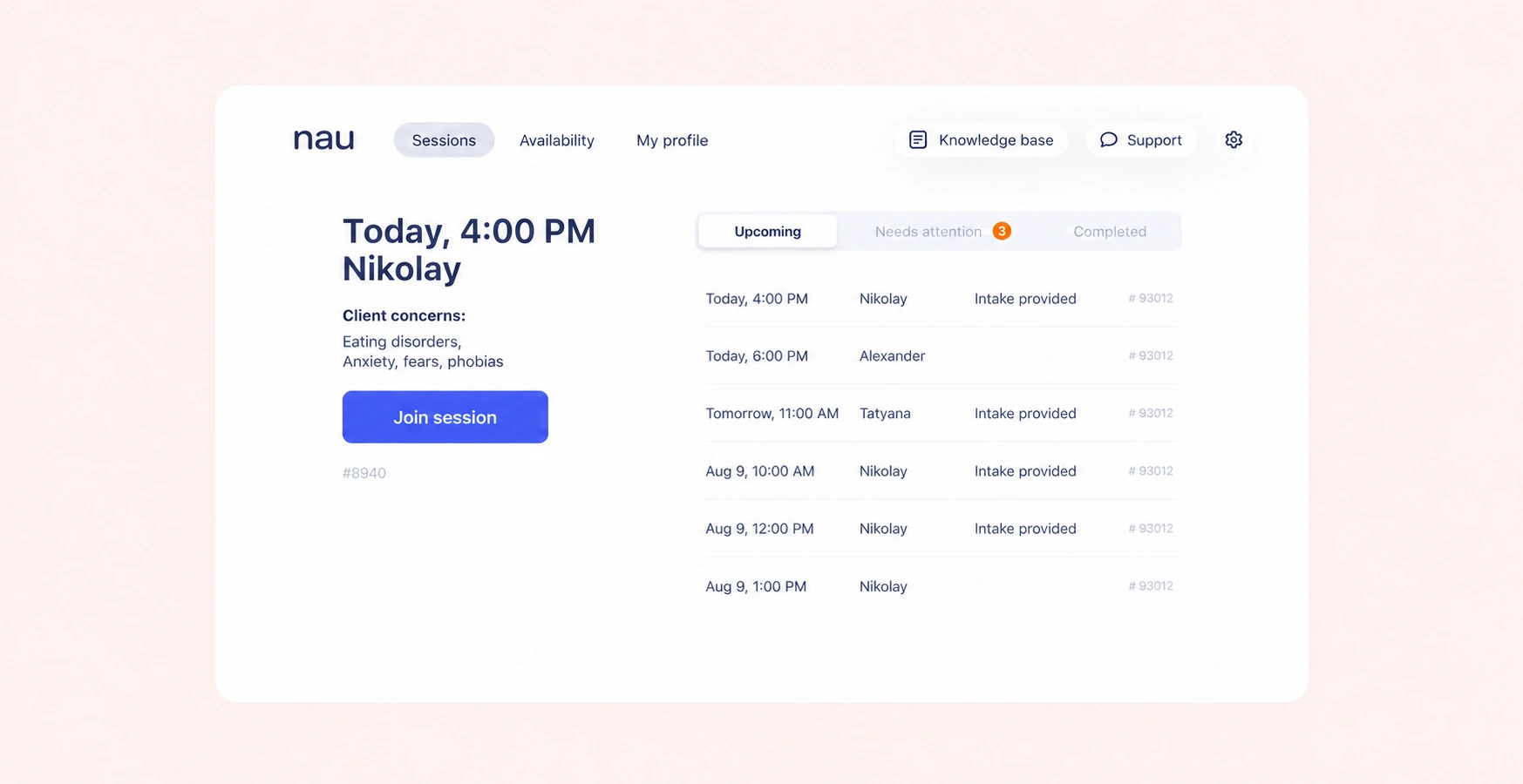 Nau therapist dashboard in English: upcoming sessions and client intake