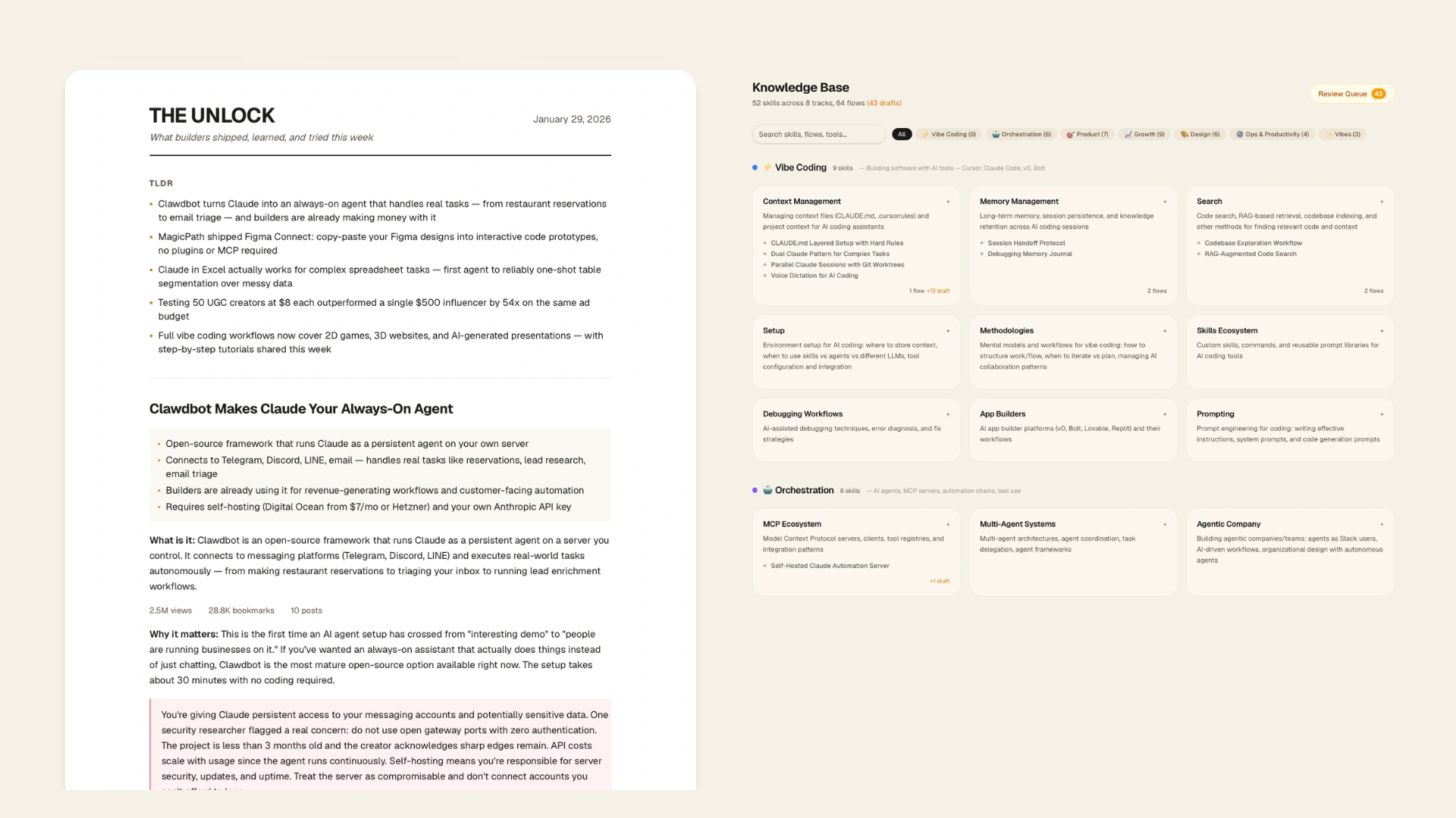 The Unlock weekly newsletter and knowledge base shown side by side
